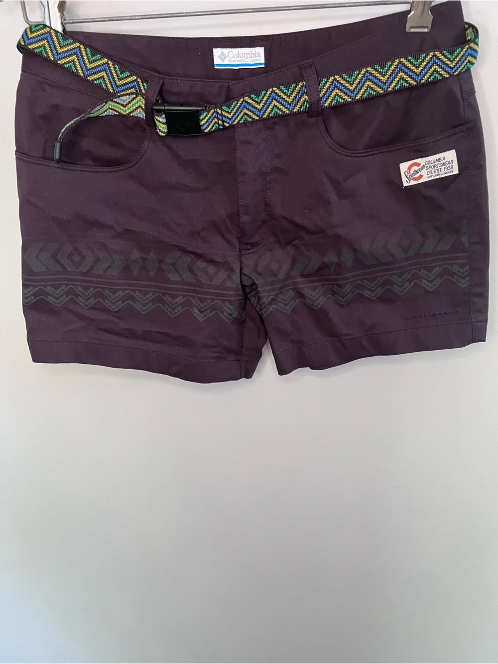 Columbia‎ Vintage Aztec Hiking Shorts Purple Omni-Shade Belted Womens 28